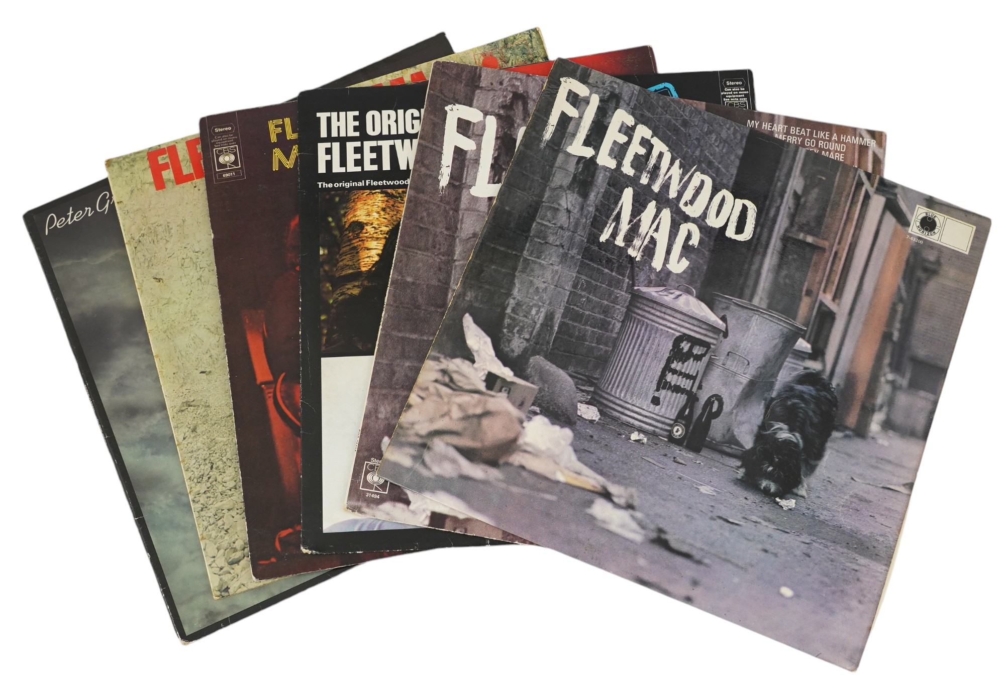 Six Fleetwood Mac related LP record albums; Peter Green’s Fleetwood Mac stereo on Blue Horizon label 7-63200, and another on CBS label, The Original Fleetwood Mac on CBS, Greatest Hits, The Pious Bird of Good Omen, In Th